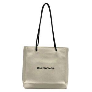 Auth BALENCIAGA Shopping Tote White Black Leather Tote Bag